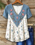 Floral Embroidery Denim V-Neck Top