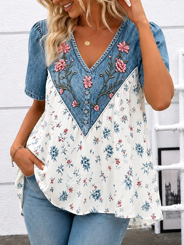 Floral Embroidery Denim V-Neck Top