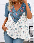 Floral Embroidery Denim V-Neck Top