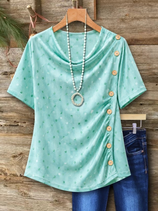 Patchwork Cowl Neck Button Detail Top