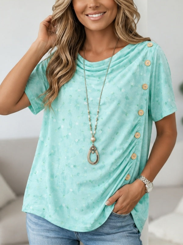 Patchwork Cowl Neck Button Detail Top