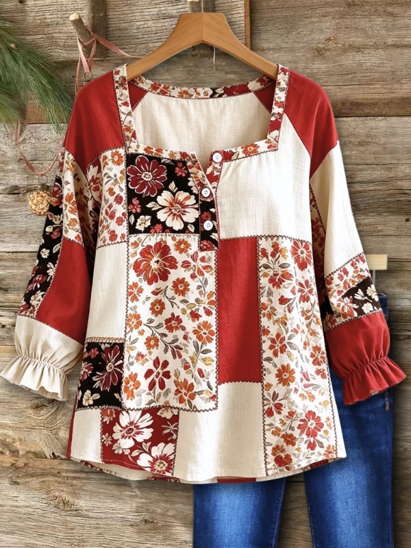 Floral Print Patchwork Square Neck Ruffle Cuff Blouse