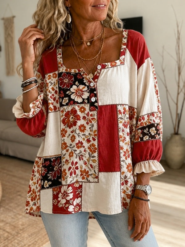 Floral Print Patchwork Square Neck Ruffle Cuff Blouse