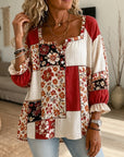 Floral Print Patchwork Square Neck Ruffle Cuff Blouse