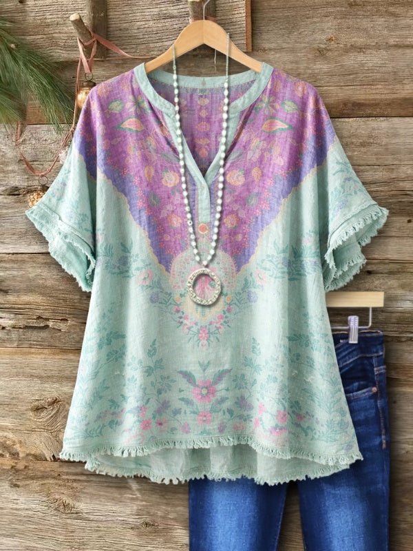 Floral Print Split Neck Fringe Sleeve Tunic