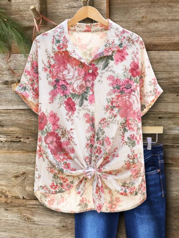 Floral Print Collared Tie Front Shirt