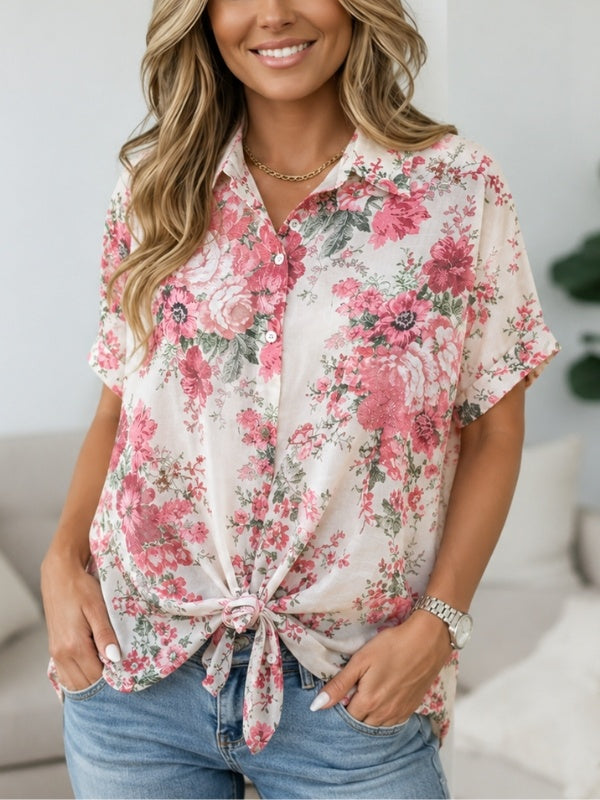 Floral Print Collared Tie Front Shirt