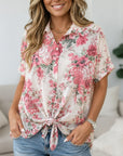 Floral Print Collared Tie Front Shirt