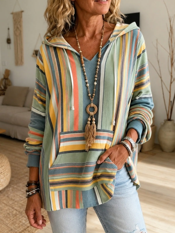 Striped Hooded Kangaroo Pocket Pullover