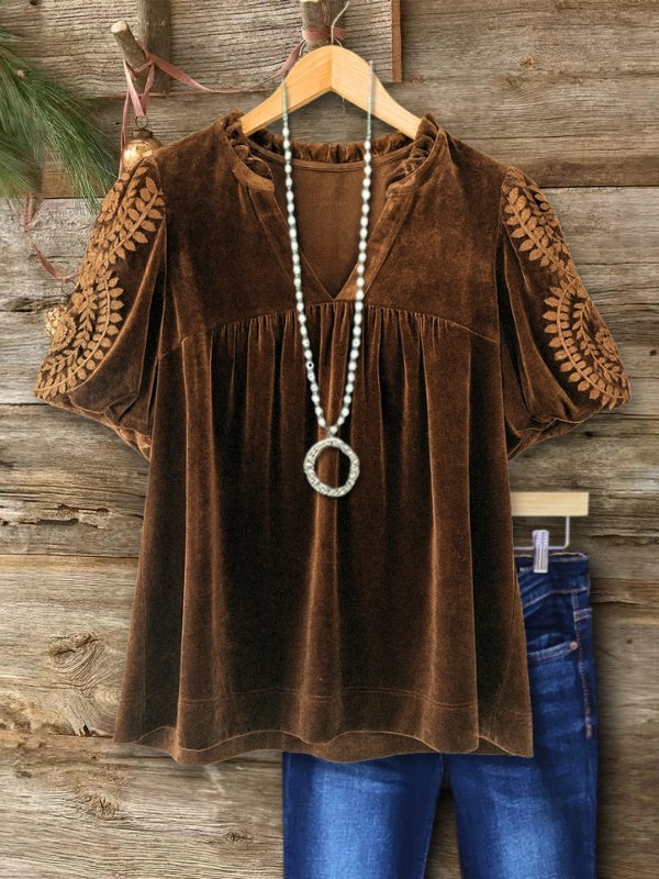 Floral Embroidery Velvet Puff Sleeve Top