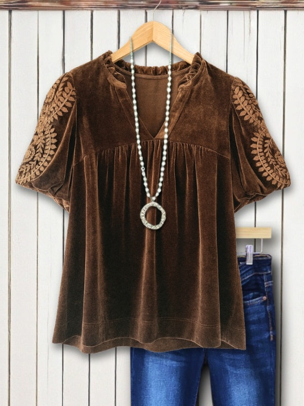 Floral Embroidery Velvet Puff Sleeve Top