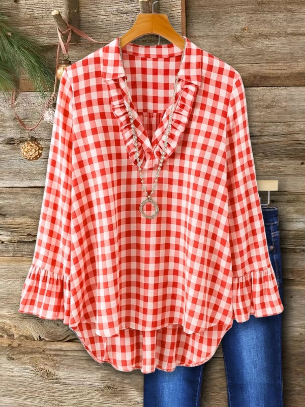 Ruffle V-Neck Gingham Blouse