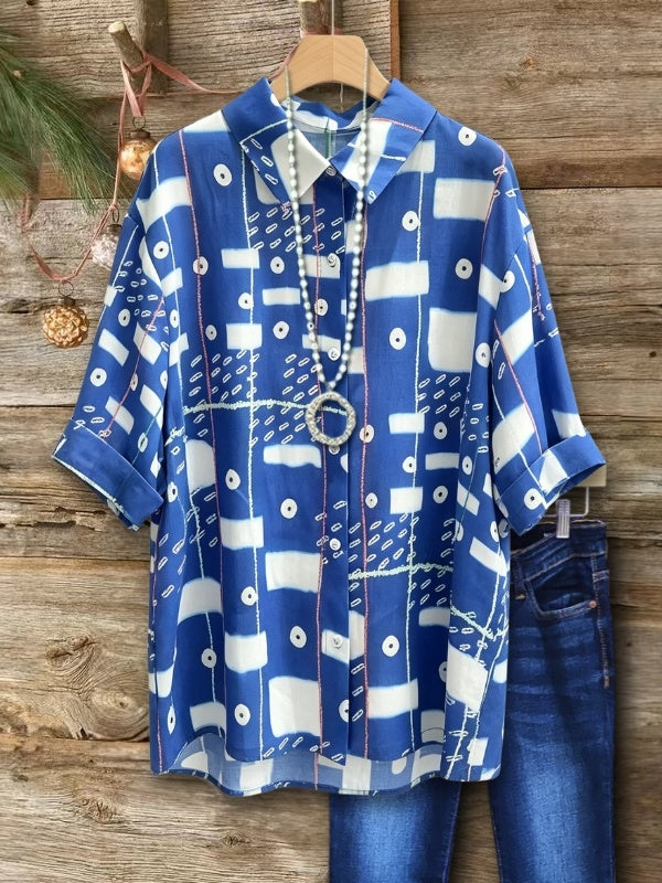 Abstract Print Roll-Tab Collar Shirt