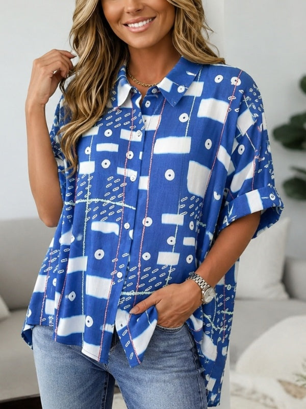 Abstract Print Roll-Tab Collar Shirt