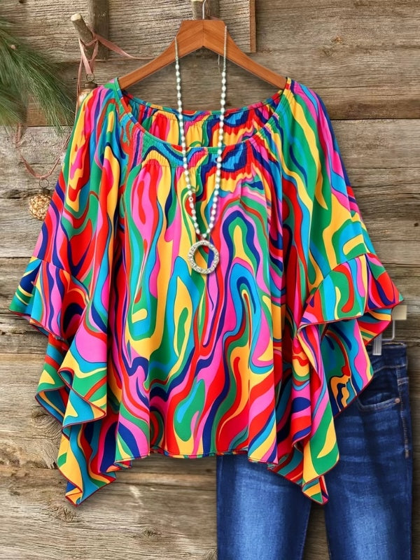 Abstract Print Flounce Sleeve Blouse