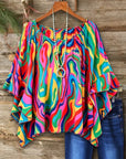 Abstract Print Flounce Sleeve Blouse