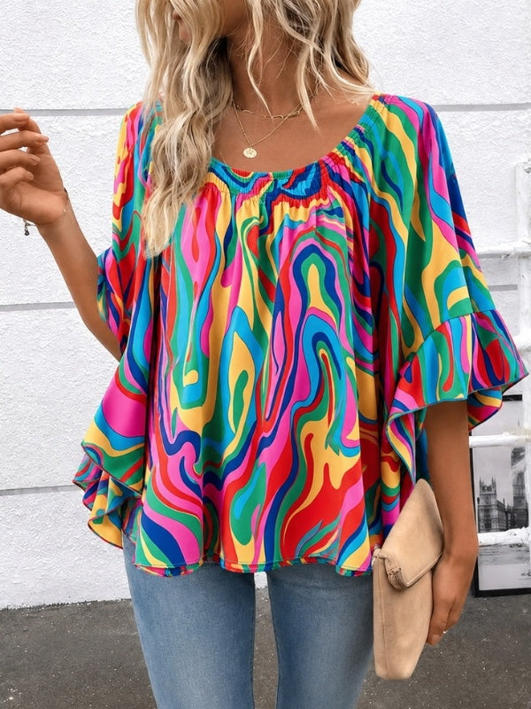 Abstract Print Flounce Sleeve Blouse