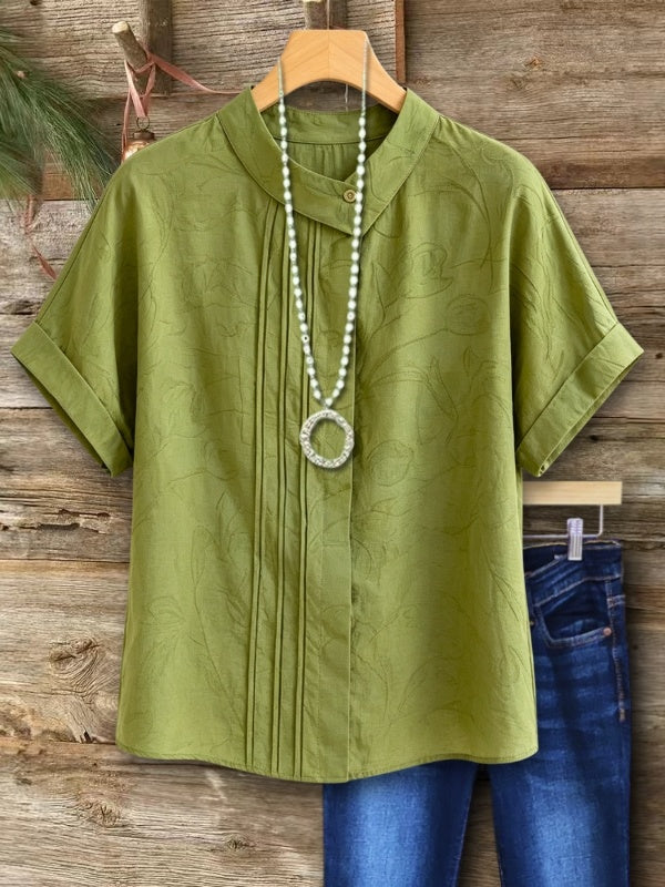 Pleated Round Collar Short Sleeve Blouse