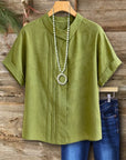 Pleated Round Collar Short Sleeve Blouse