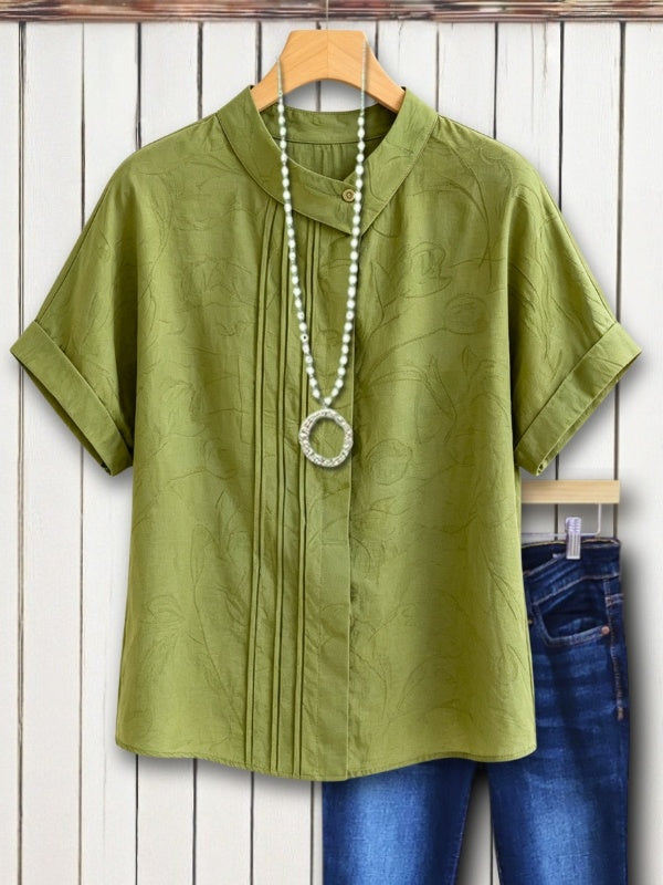 Pleated Round Collar Short Sleeve Blouse