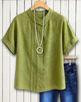 Pleated Round Collar Short Sleeve Blouse