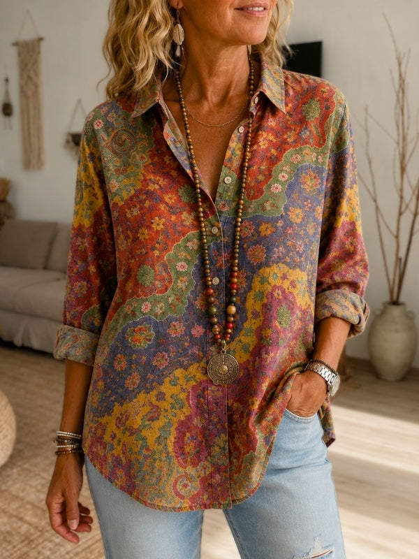 Retro Floral Print Button-Up Shirt