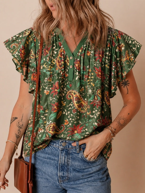 Bohemian Paisley Print Flutter Sleeve Tunic