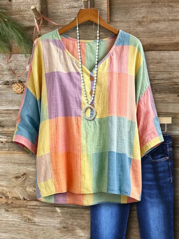 Playful Plaid Crinkle Fabric Tunic Top