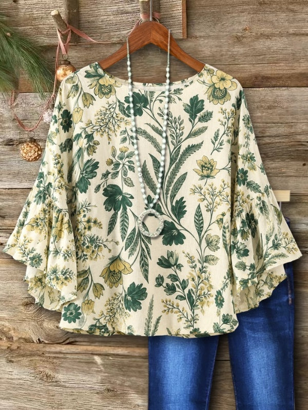 Botanical Floral Print Bell Sleeve Top