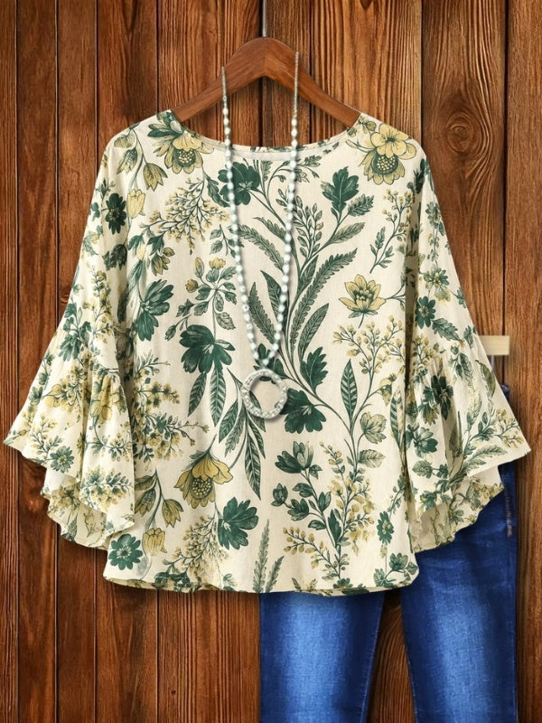 Botanical Floral Print Bell Sleeve Top