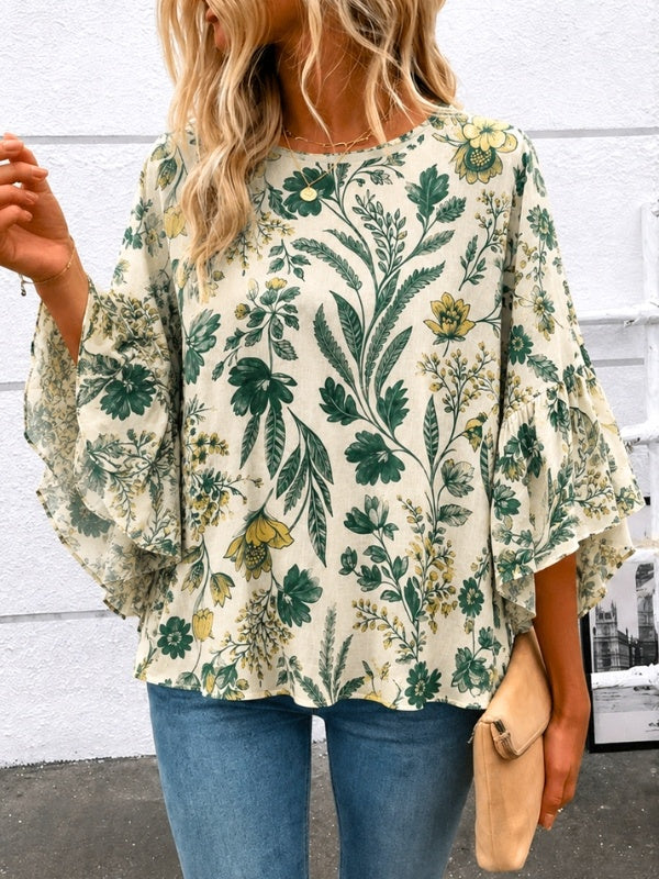 Botanical Floral Print Bell Sleeve Top