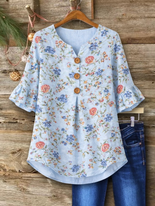 Romantic Floral Print Button Tunic Top