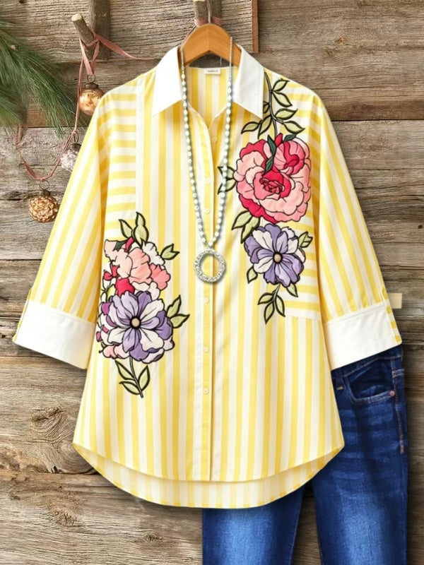 Cheerful Floral Print Striped Tunic Shirt