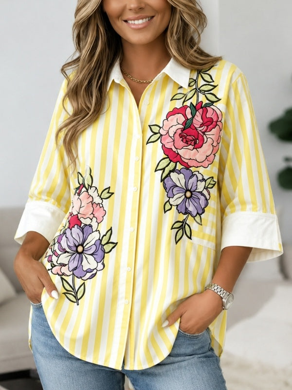 Cheerful Floral Print Striped Tunic Shirt