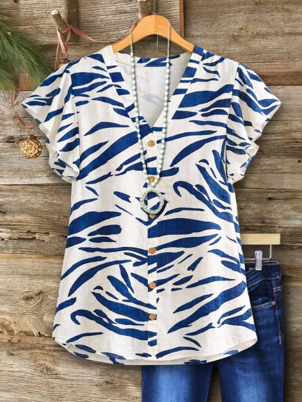 Coastal Abstract Print Ruffle Sleeve Tunic