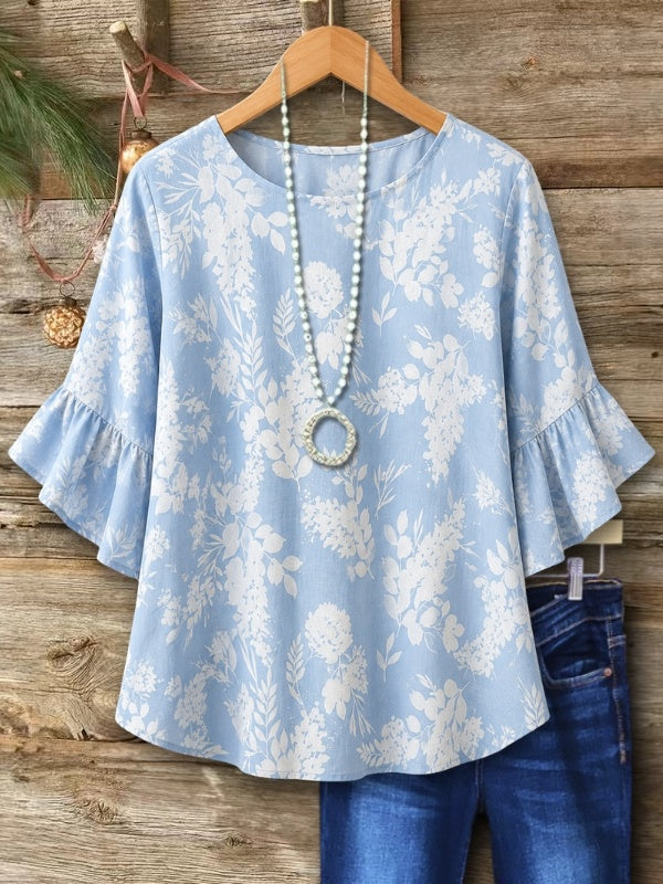 Airy Floral Print Bell Sleeve Blouse