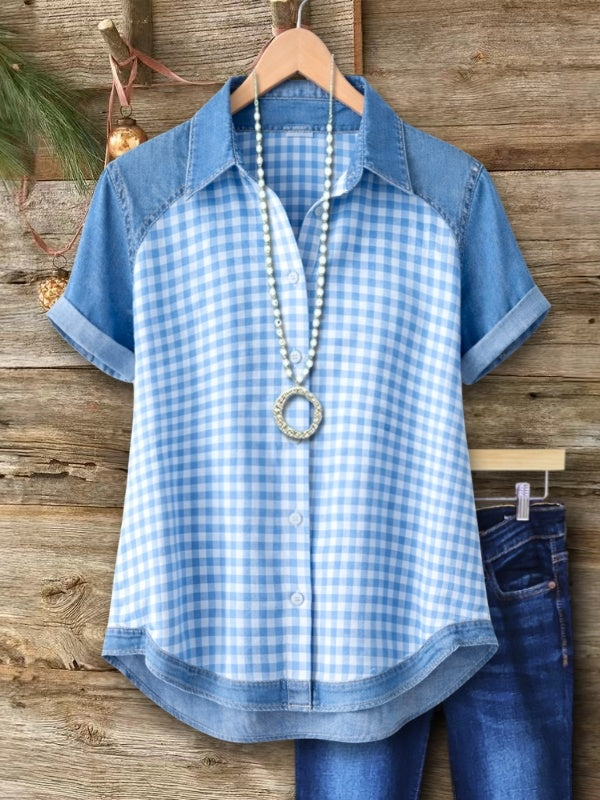 Casual Gingham Denim Panel Shirt
