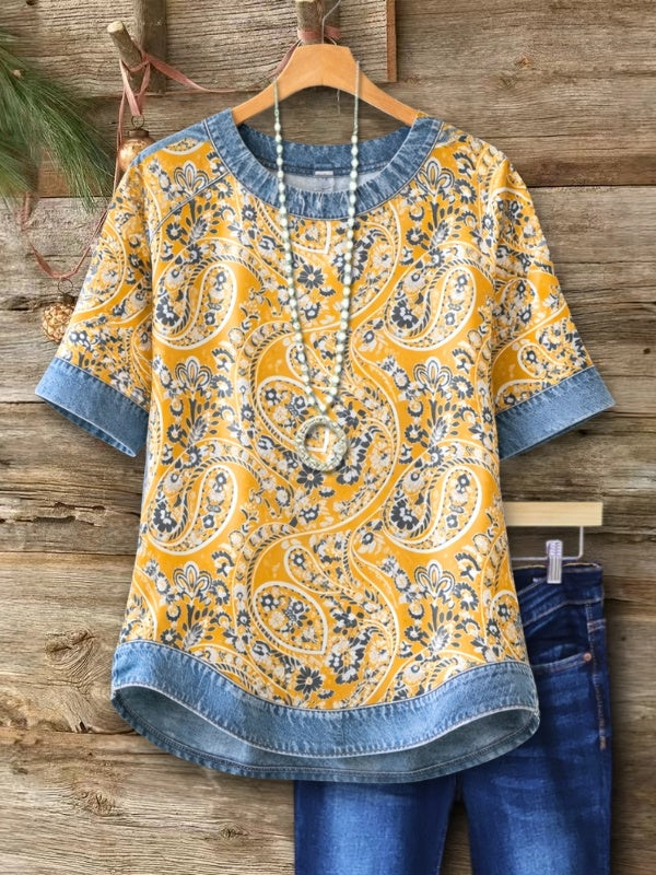 Bohemian Paisley Print Denim Trim Top