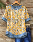 Bohemian Paisley Print Denim Trim Top