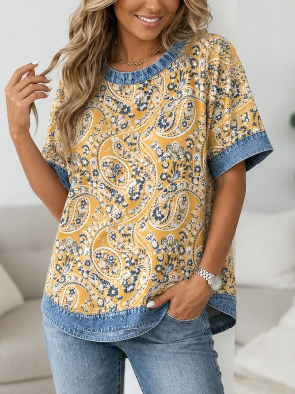 Bohemian Paisley Print Denim Trim Top