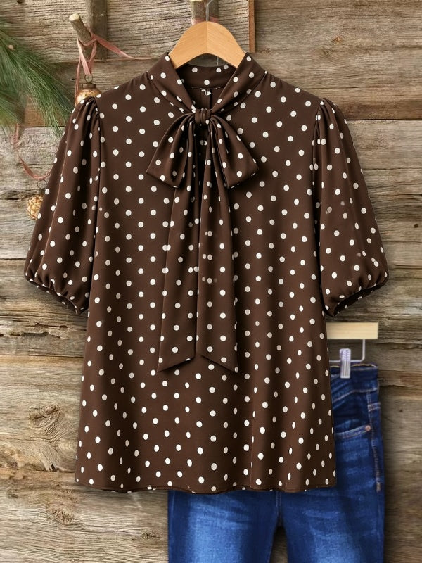 Polished Polka Dot Tie Neck Blouse