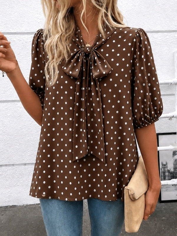 Polished Polka Dot Tie Neck Blouse