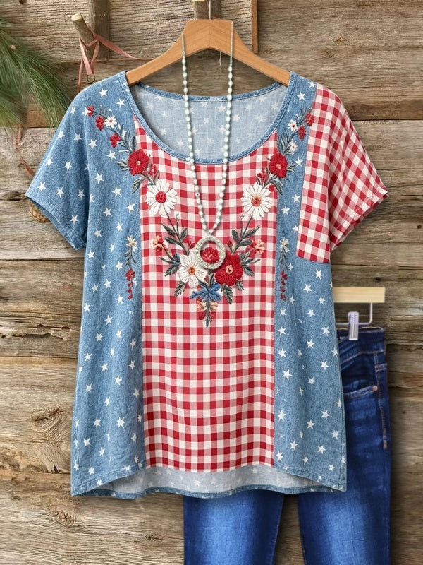 Rustic Floral Embroidered Gingham Star Print Top