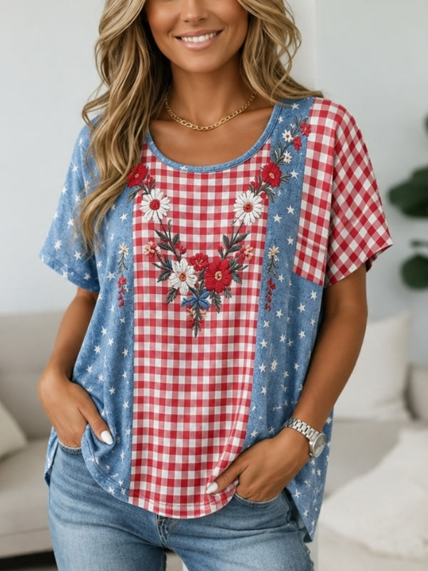 Rustic Floral Embroidered Gingham Star Print Top