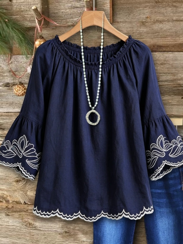 Romantic Floral Embroidered Cotton Bell Sleeve Top