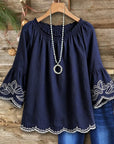Romantic Floral Embroidered Cotton Bell Sleeve Top