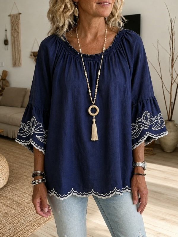 Romantic Floral Embroidered Cotton Bell Sleeve Top