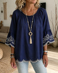 Romantic Floral Embroidered Cotton Bell Sleeve Top