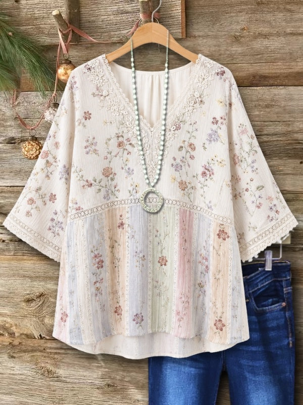 Dreamy Floral Embroidered Lace Panel Relaxed Top