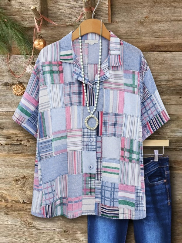 Vintage Patchwork Plaid Short Sleeve Shirt
